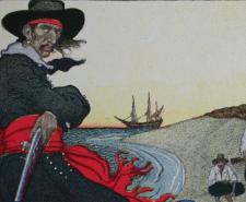 Painting depicting William Kidd and his crew burying treasure