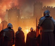 Medieval soldiers standing outside a castle