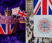 (Left) Coronation cupcakes (Right) Official Coronation banners on display at London Waterloo train station on the 21st April 2023