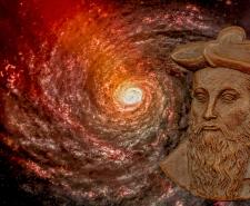 An illustration of Nostradamus in front of an orange galaxy