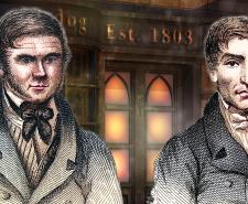 Court sketches of Burke and Hare and a Victorian shopfront in the backgroun