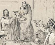 Sketch drawing of Caligula's horse being toasted at the Emperor's dining table