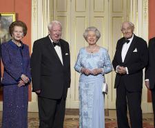Then Prime Minister, Tony Blair, and former prime ministers Margaret Thatcher, Edward Heath, James Callaghan and John Major join the Queen to celebrate her Golden Jubilee in 2002