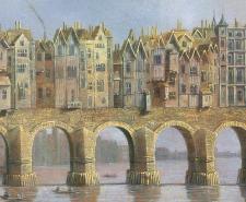 A 1632 oil painting titled "View of London Bridge" by Claude de Jongh, showing Old London Bridge