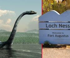 Left: A 3D rendering of Nessie, the famed lake monster of Loch Ness. Right: View of Loch Ness from the bank of Fort Augustus, Scotland.