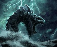 A sea monster attacking a ship in a thunderstorm
